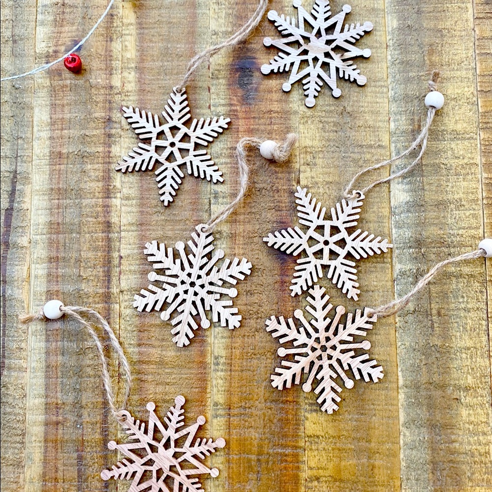 Wooden Snowflake ornaments  - present toppers.